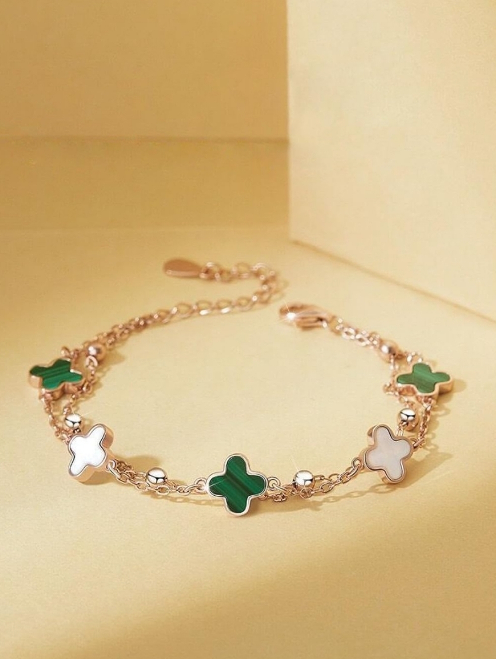 Rose Gold Double Strand Clover Stainless 925 Plate Bracelet In Green/White 🍀